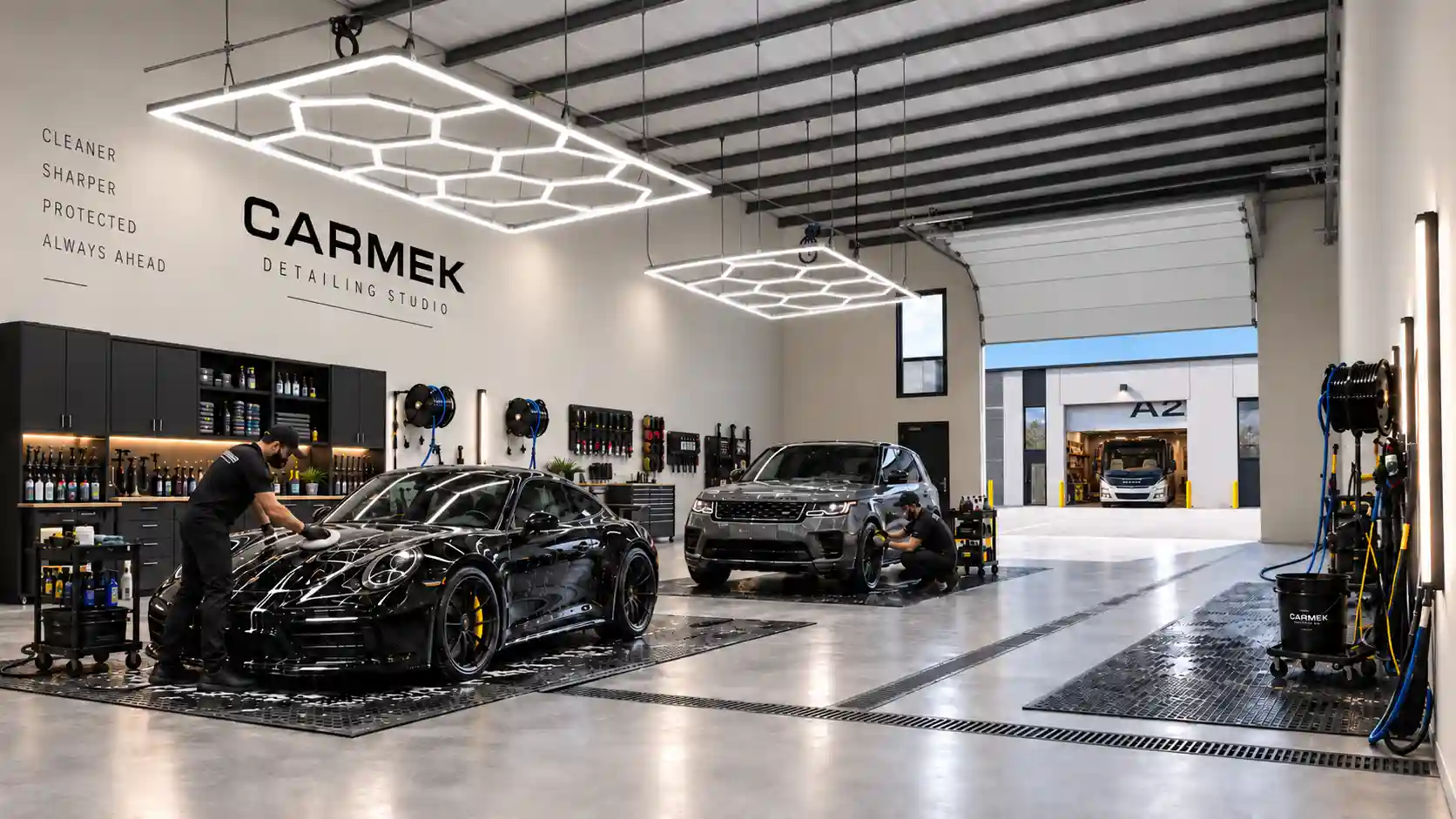 Rendering of a bay fitted out as an auto detailing studio, with two vehicles being detailed