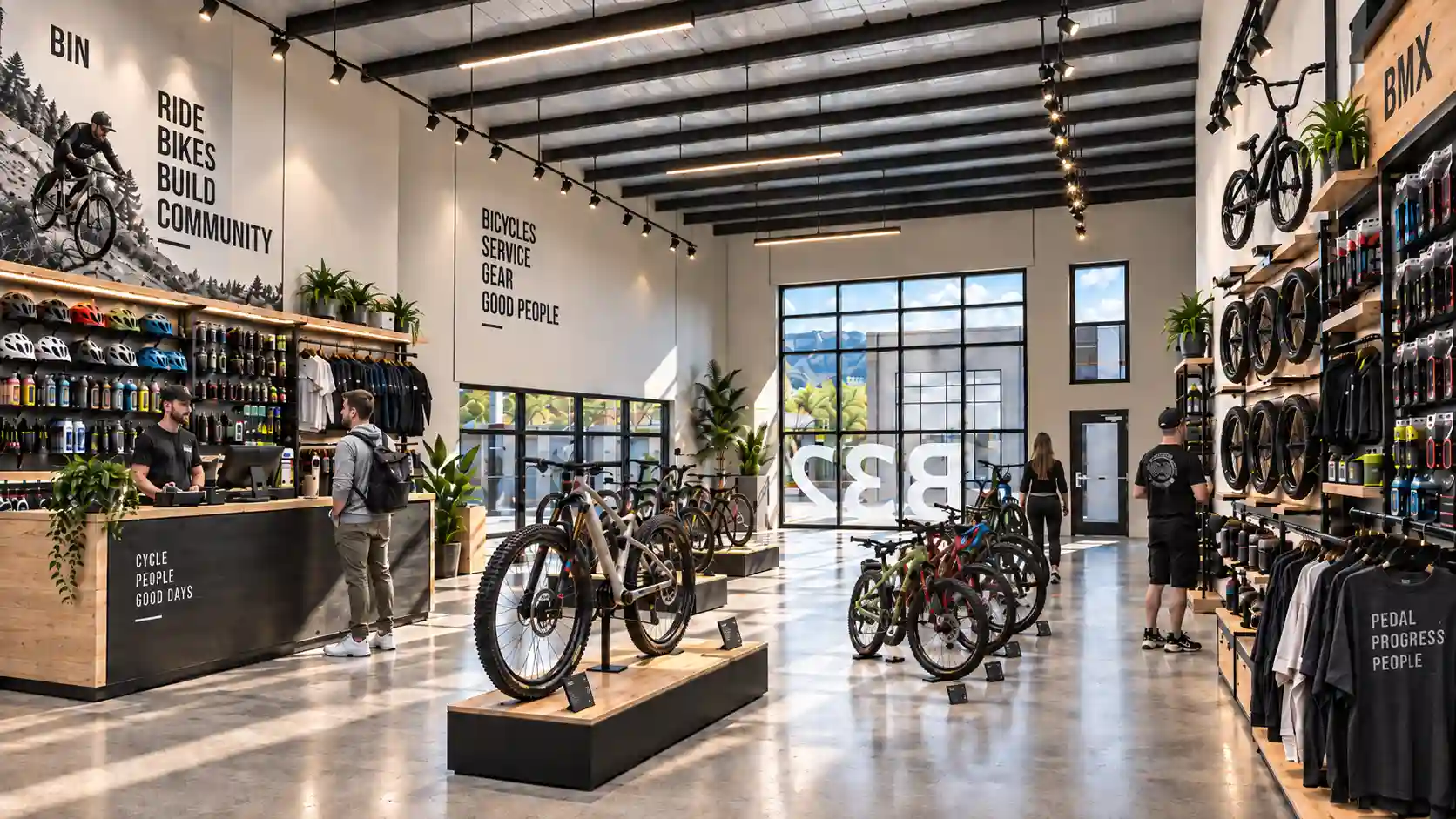 Rendering of a bay fitted out as a bicycle shop with retail displays and a service counter