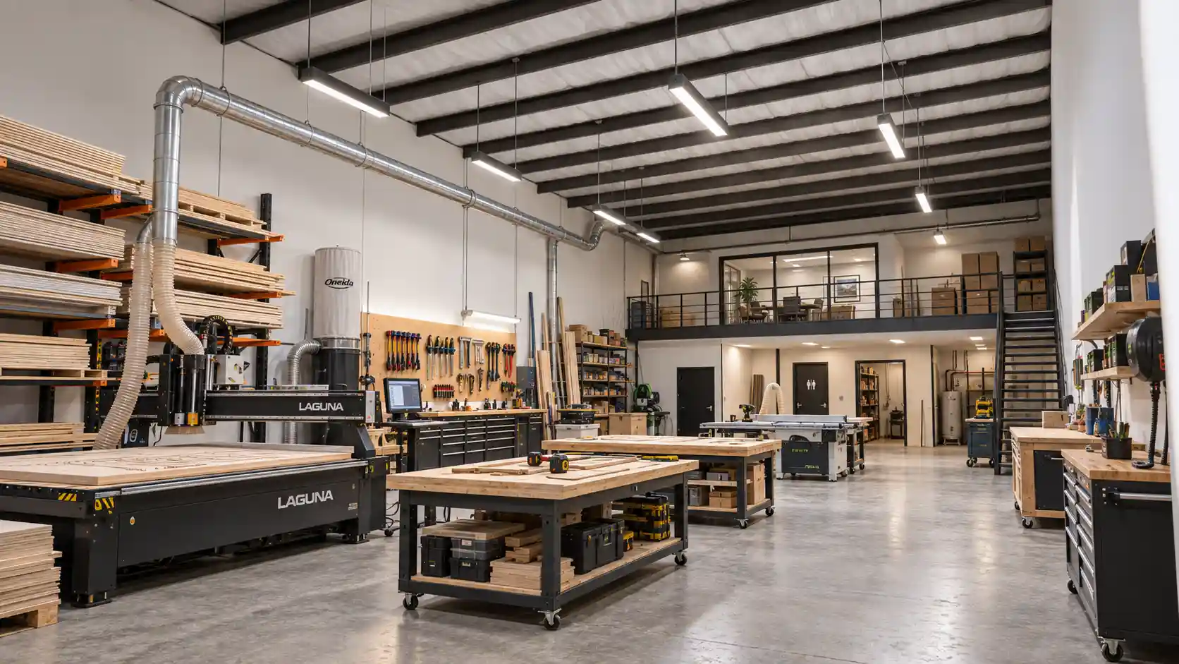 Rendering of a bay set up as a CNC and woodworking shop, with a CNC router, dust collection, workbenches and a mezzanine office