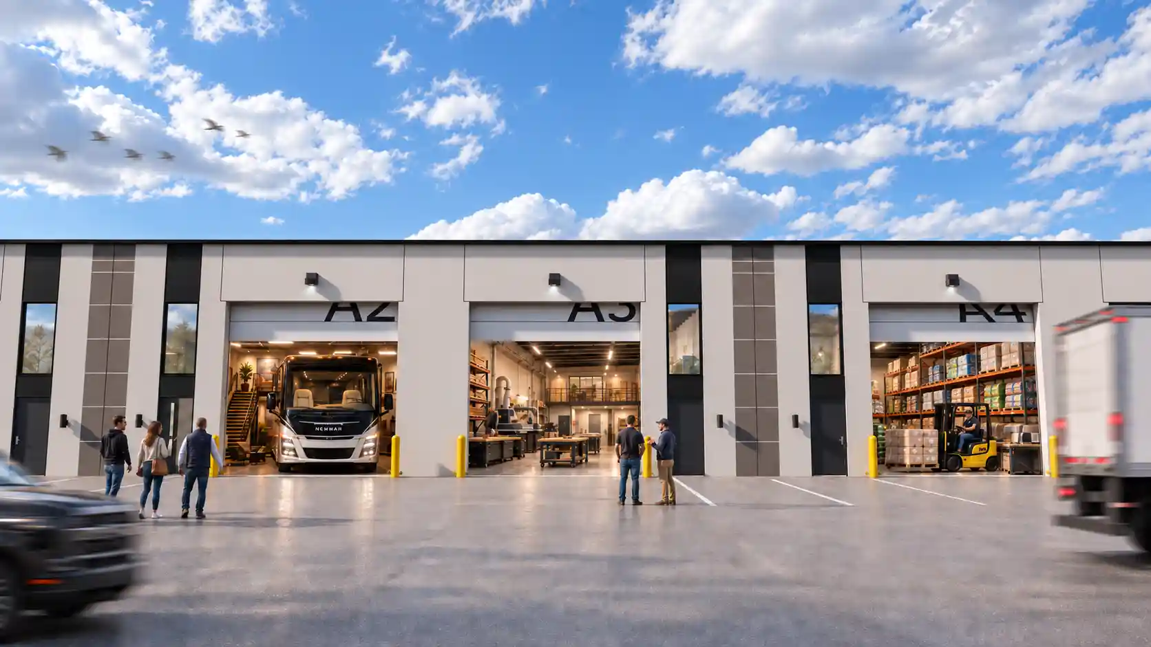 Rendering of bays A2 to A4 from the front lot, with an RV garage, a workshop and a warehouse