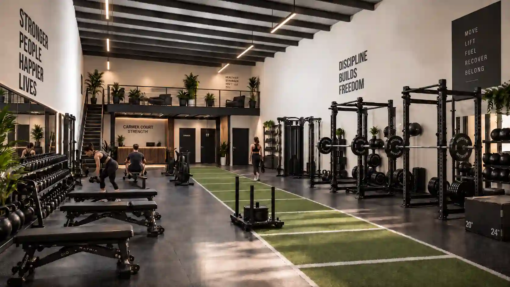 Rendering of a bay fitted out as a strength gym, with squat racks, a turf sled track and a mezzanine lounge
