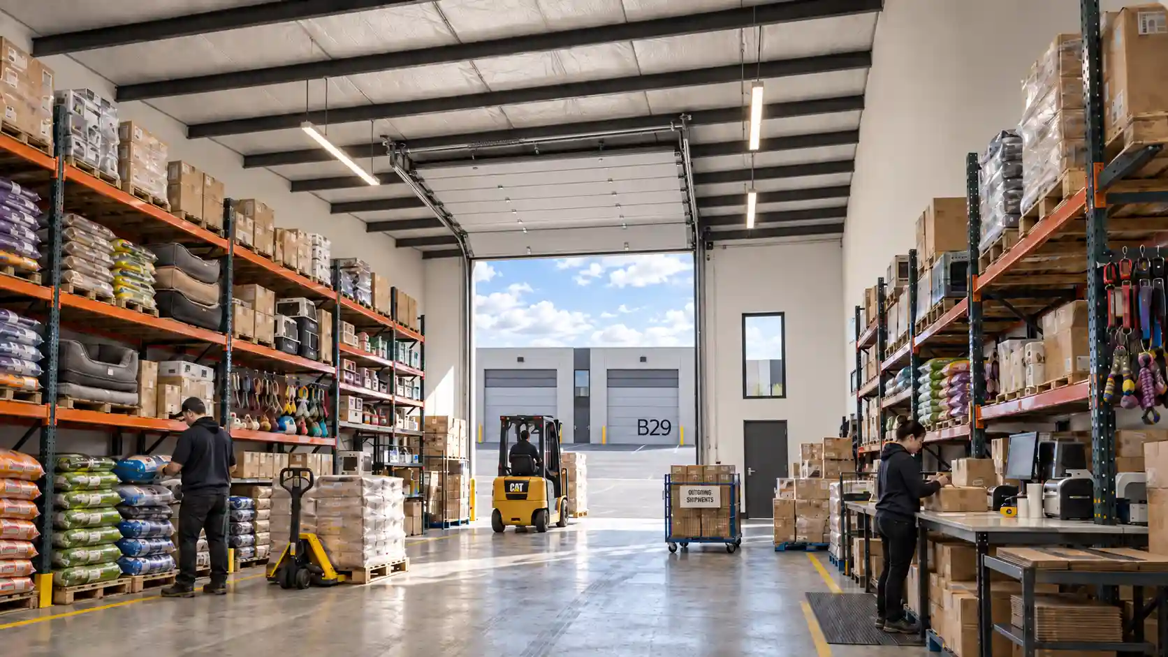 Rendering of a bay used as a warehouse, with pallet racking, a forklift and a packing station beside the open overhead door